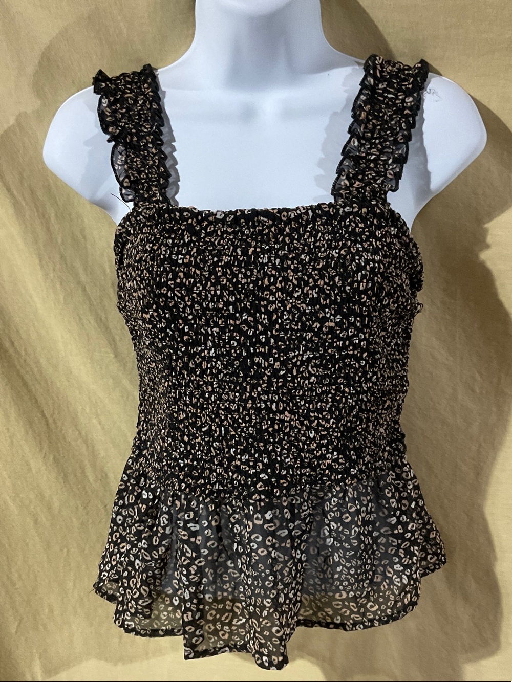 Jonna Size S Smocked Ruffle Strap Peplum Tank - Black with Tan Print